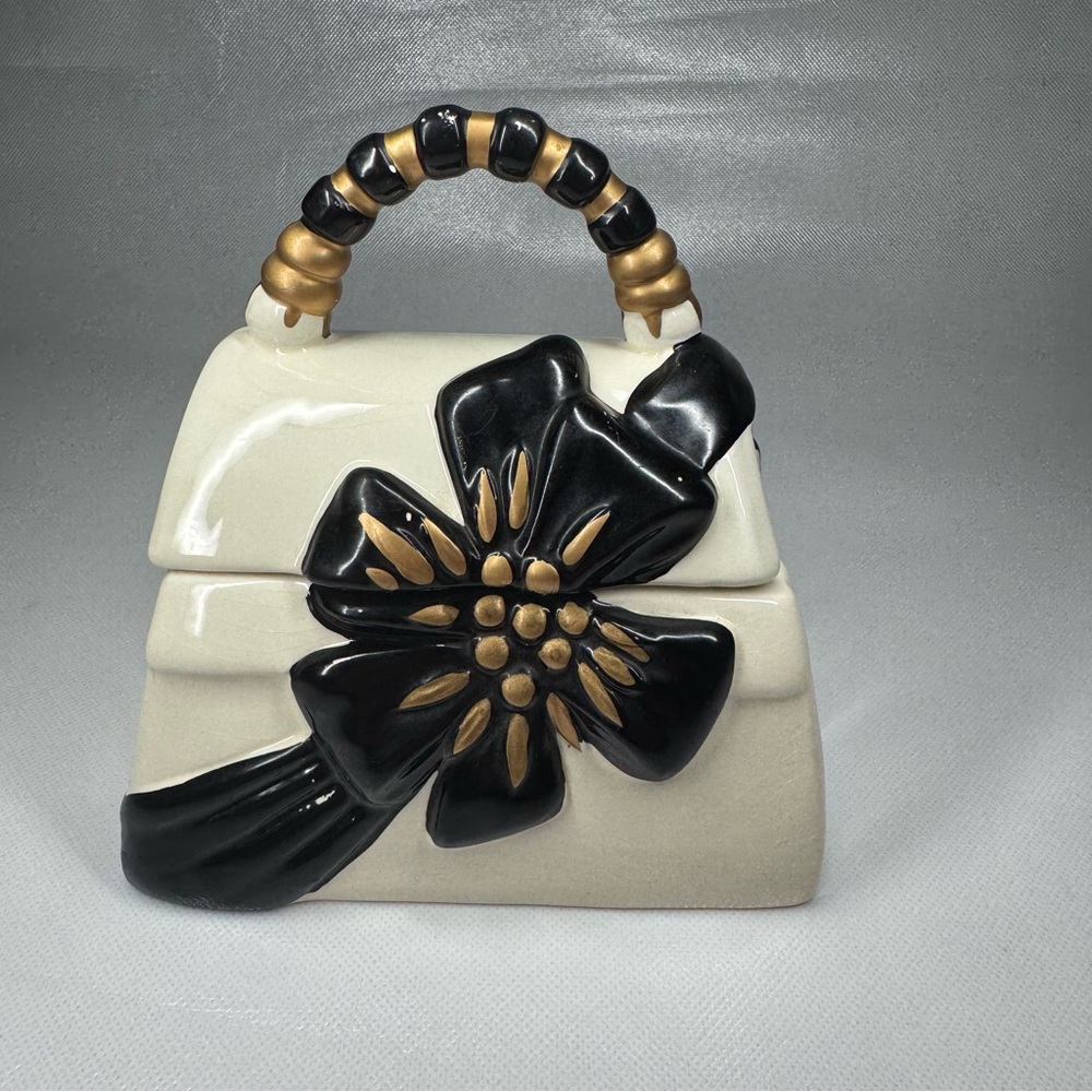 David’s Cookies Ceramic Purse Cookie Jar Black Gold Ribbon Floral 6.5” Trinket